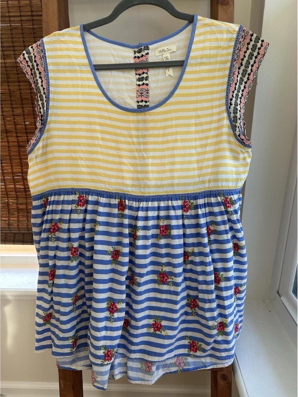 Matilda Jane On My Mind Top Sz M Floral Stripes Babydoll Back Button Whimsical